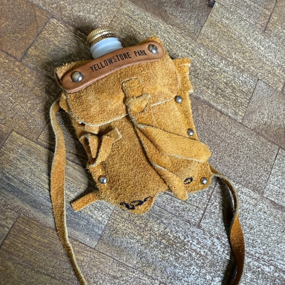 Vintage 1991 Yellowstone Park Suede Leather Mini Flask Souvenir Bottle